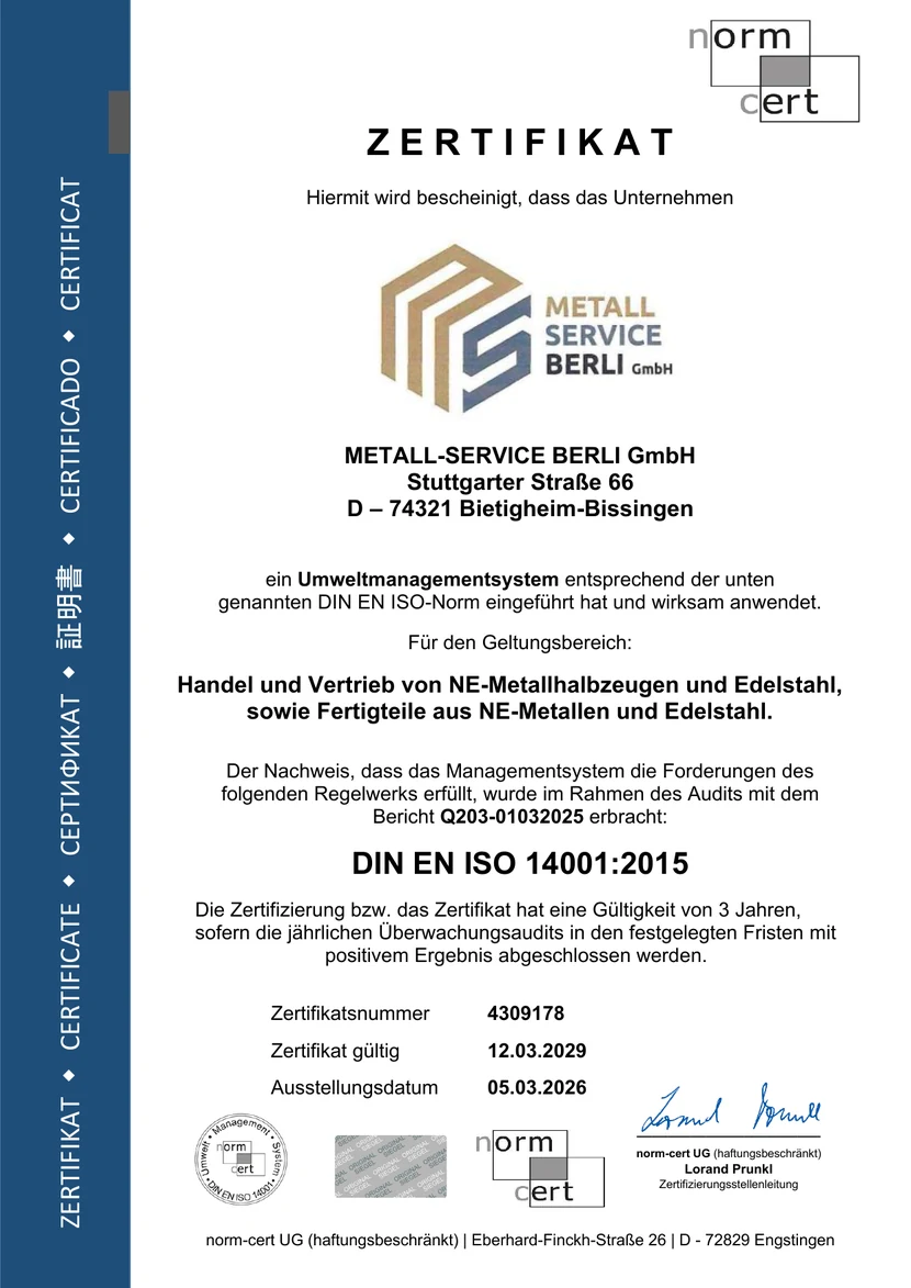 Zertifikat DIN EN ISO 14001:2015 der Metall-Service Berli GmbH