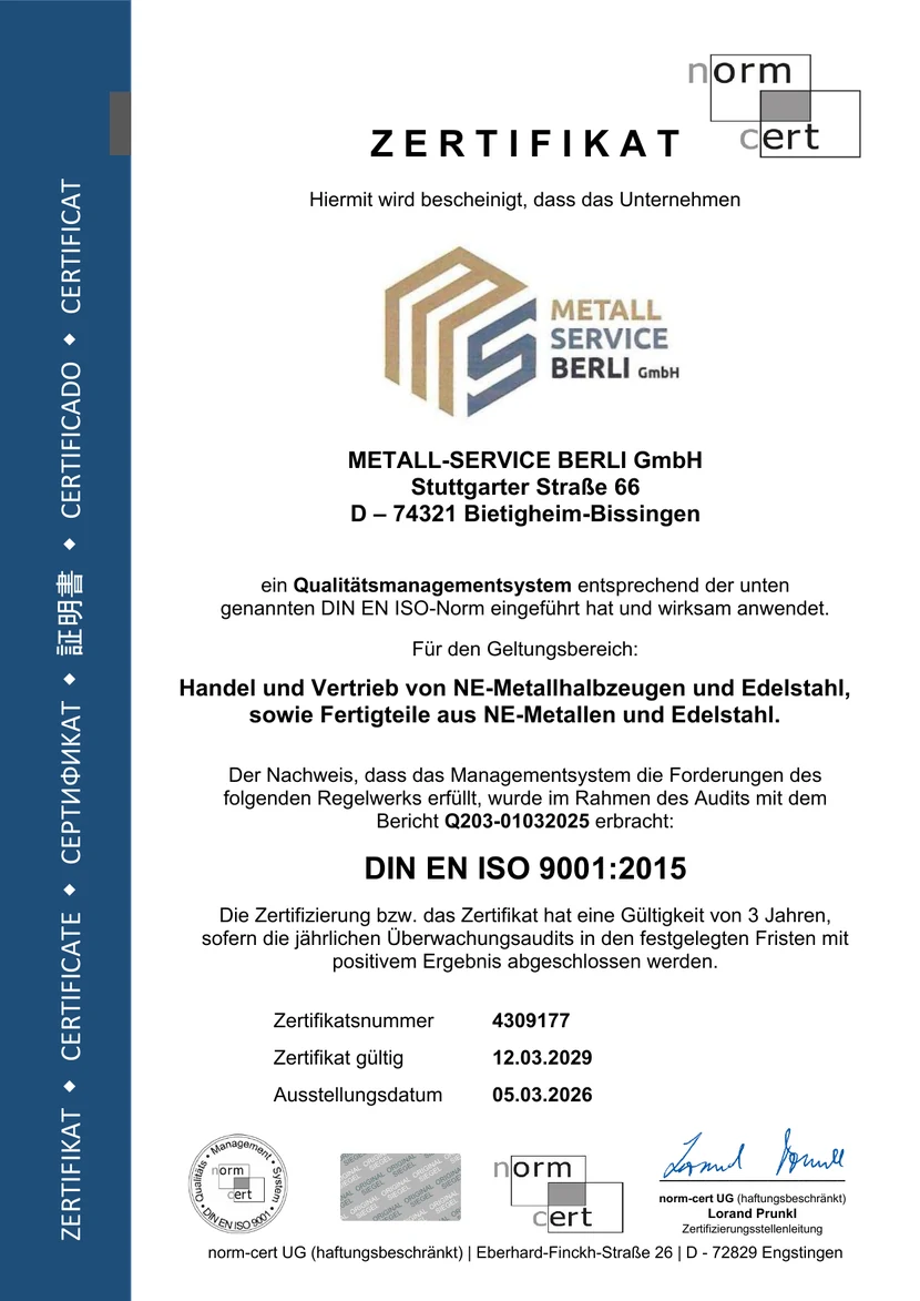 Zertifikat DIN EN ISO 9001:2015 der Metall-Service Berli GmbH